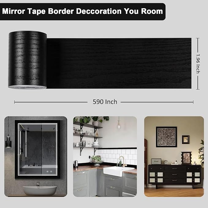 Alened 15M Black Mirror Border Peel and Stick, Wood Grain Wallpaper Border - Image 3