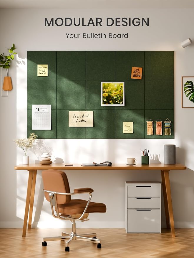 Bumusty 48"x 36" Large Felt Bulletin Board Tiles, Moss Green | 12-Pack Cork Board Alternative, Wall Decor, 30 Pushpins, 60 Adhesive Tabs, Vision Board, Office, Classroom, Home, Dorm - Image 7