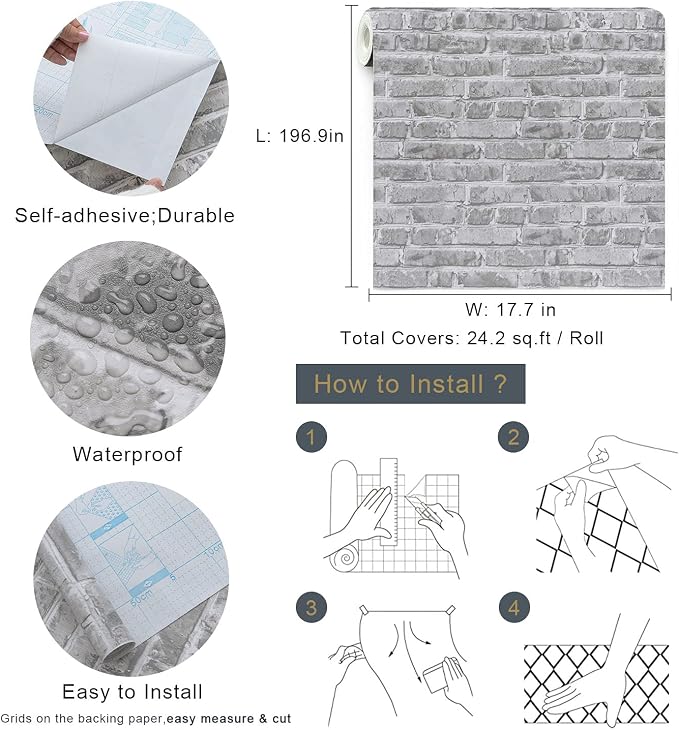 Timeet Grey Brick Wallpaper Peel and Stick Wallpaper 17.7" x 197" Self-Adhesive Film Brick Contact Paper 3D Textured Brick Wallpaper Removable Wallpaper for Room Wall Decoration - Image 4