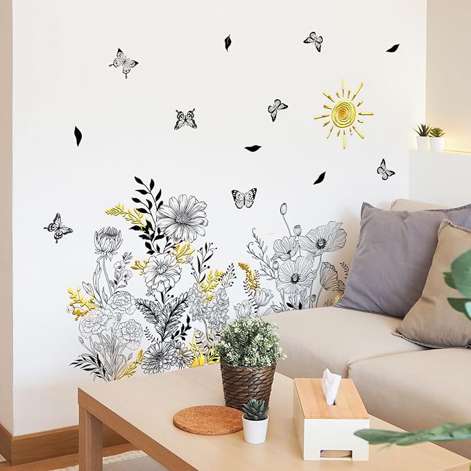 Black Floral Wall Decals with Gold Accents for Living Room Decor - Image 3