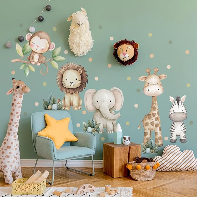 Safari Animals Nursery Wall Decal, Peel and Stick Nursery Mural Jungle Animals Lion, Elephant Wall Stickers for Kids, Boys and Girls Room, Bedroom & Toddler Room Decor (Boho Animal Dot Decals 59) - Image 4