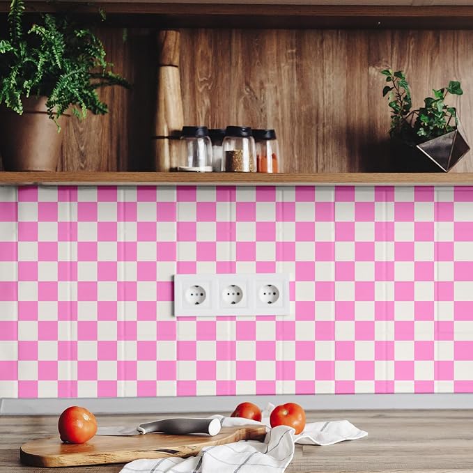 Drydiet Pink Checkered Peel and Stick Wallpaper 15.75'' X 118" | Plaid Funky Checkered Contact Paper, Waterproof Contact Wallpaper, Vintage Gingham Decor for Room Bathroom Cabinet, Trendy - Image 4