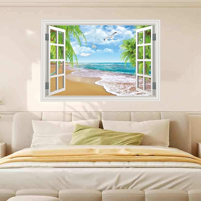 Fake Window Wall Murals Peel and Stick - Beach View Window Wall Art Decal Poster for Living Room - Window Posters for Wall Office - Removable Wall Stickers for Bedroom Decor 48" x 32" Set of 2 Sheets - Image 3
