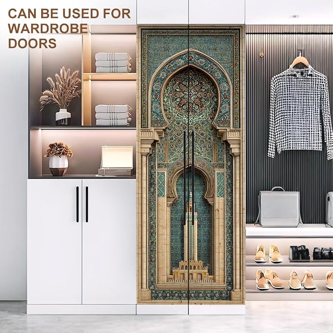 Moorish Arch Door Mural, Turquoise Mosaic Minaret Door Cover | Waterproof PVC, 30.3" W x 78.7" L; ornate arch design for entryway, bedroom, study, office or closet doors. - Image 8