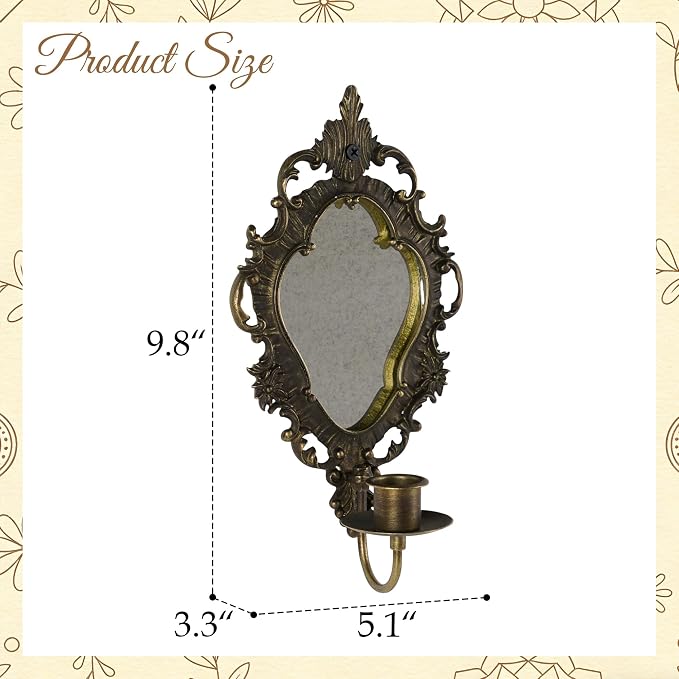 SOFFEE DESIGN Set of 2 Antique Gold Wall Sconces, Vintage Candle Holder with Distressed Mirror & Ornate Frame, for Taper Candles in Bedroom Hallway Decor - Image 4