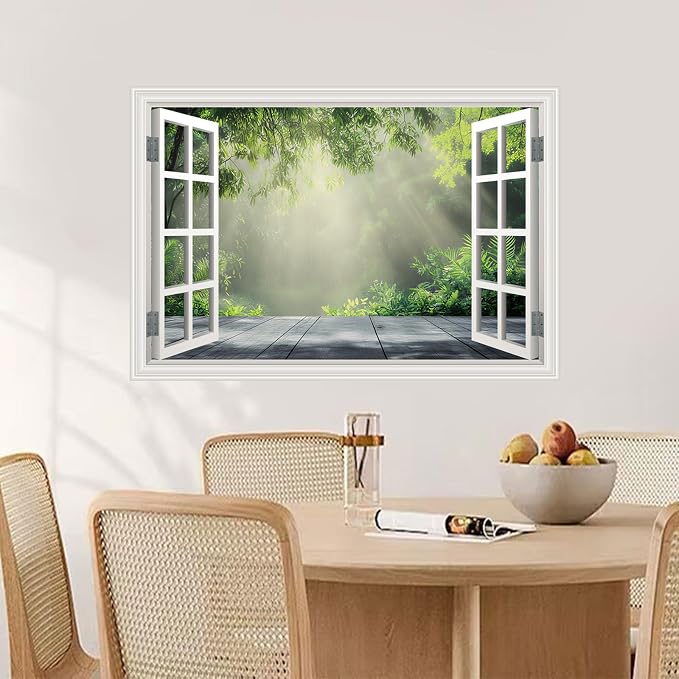 Fake Window Poster Wall Decal - Morning Green Forest Faux Window Wall Mural Prints for Wall Decor, Peel and Stick Wall Sticker, Spring Green Forest Tree Scene Wall Art Poster 24" x 16" - Image 4