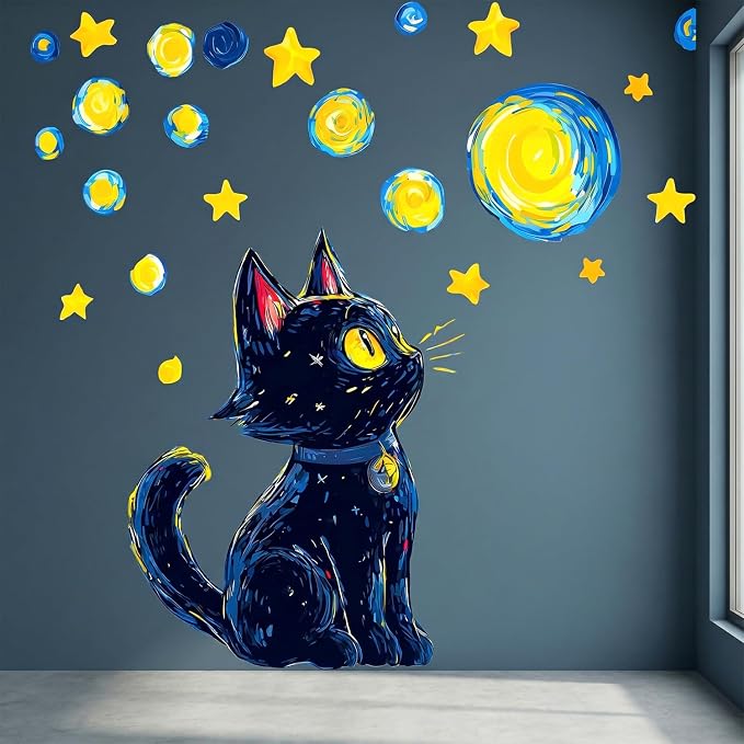 Starry Night Sky Cute Black Cat Removable Wall Decals Peel and Stick | Van Gogh wall decor with swirling moon & stars, vinyl wall art for kids bedroom, living room, residue-free for renters - Image 6