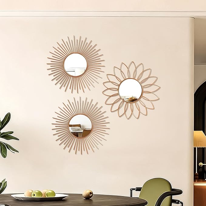 3 Pack Metal Mirrors for Wall Sunburst Wall Mirrors Home Décor Decorative Hanging Wall Art for Living Room Bedroom Entryway (Rose Gold2, Flower+Sunburst) - Image 7