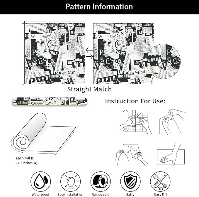 Black and White Vintage Newspaper Script News Modern Peel and Stick Wallpaper Wall Decor Self Adhesive Wall Paper Stick on Easy Peel Off Contact Paper for Renter Bedroom Apartment - Image 7