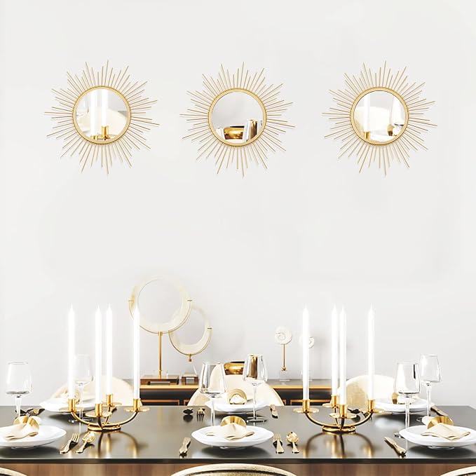 3 Pack Metal Mirrors for Wall Sunburst Wall Mirrors Home Décor Decorative Hanging Wall Art for Living Room Bedroom Entryway (Gold, Sunburst) - Image 6