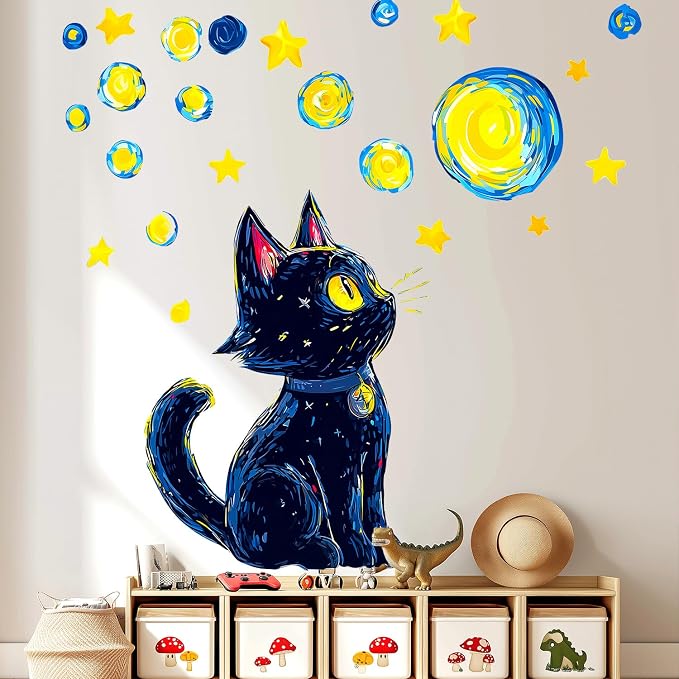 Starry Night Sky Cute Black Cat Removable Wall Decals Peel and Stick | Van Gogh wall decor with swirling moon & stars, vinyl wall art for kids bedroom, living room, residue-free for renters - Image 5