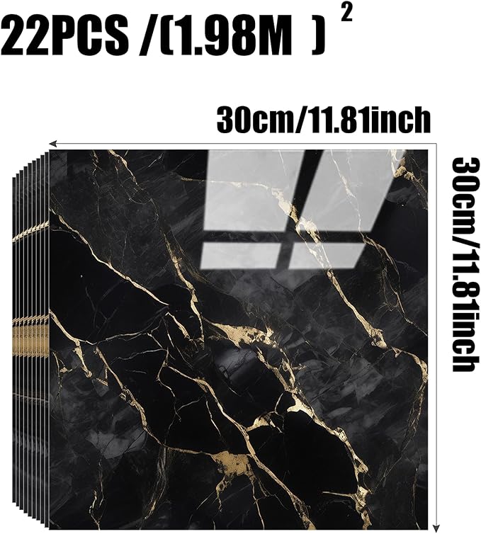 Chejiaye 22pcs Marble Peel and Stick Backsplash Waterproof Washroom Wall Panels, Peel and Stick Tile, PVC Foam Wall Panels for Kitchen,Bathroom,Living Room,Black Gold(Not Real Tile,11.8" x 11.8") - Image 4