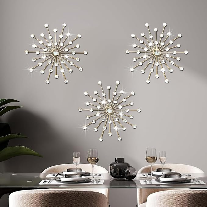 ZEXUIRU 3 Set Gold Starburst Wall Art for Home Decor Metal Bling Crystal Rhinestones Sunburst Wall Decor Sparkling Rhinestone Art Accent Gold - 13in by ZEXUIRU