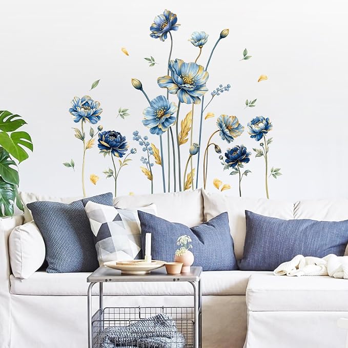 LHIUEM Blooming Golden Leaves Blue Flowers Wall Stickers 39”x12” Large Floral Peel and Stick Wall Decals Removable Bright Wildflower Wall Decals for Bathroom Living Room Window Bedroom by LHIUEM