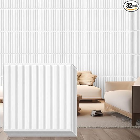 Nuanchu 32 Pcs 3D Wall Panels, 12"x12" PVC Fluted Tiles, White | Waterproof Accent Panels, Paintable Wall Tiles, for TV Background, Bedroom, Bathroom, Gaming Room, Cuttable Home DIY Decor by Nuanchu