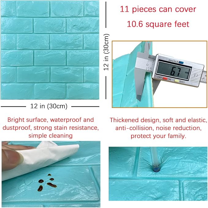 11PCS 3D Wall Panels Peel and Stick Faux Brick Wallpaper Blue Self Adhesive Foam Brick Paneling Faux Stone Wall Panels (11PCS, Blue) - Image 5