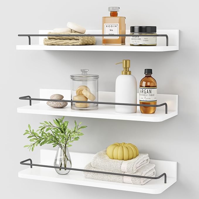 Forbena White Floating Shelves Bathroom Shelves Over Toilet Set of 3, Bathroom Organizers and Storage Shelves Wall Mounted, Modern Wood Corner Wall Shelf for Bedroom Closet -White and Dark Grey by Forbena