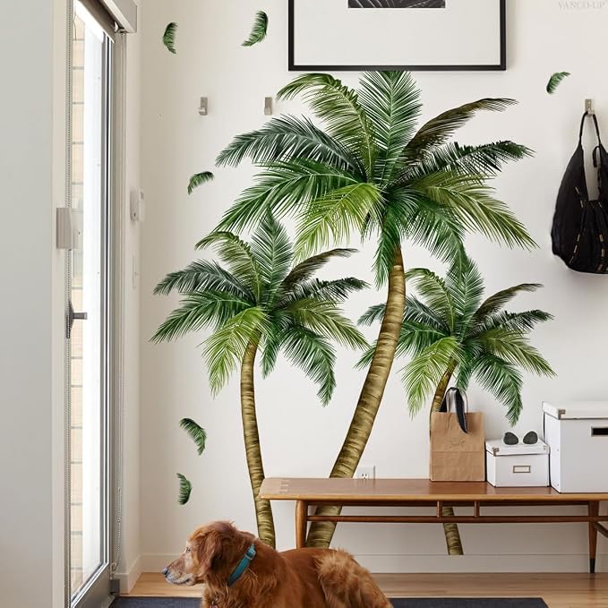 2 Sheets Palm Tree Wall Decals Peel and Stick Coconut Wall Stickers & Murals Green Leaves Wall Decor Removable Beach Stickers for Living Room Bedroom Classroom Bathroom Nursery Coconut Girl Room Decor - Image 2