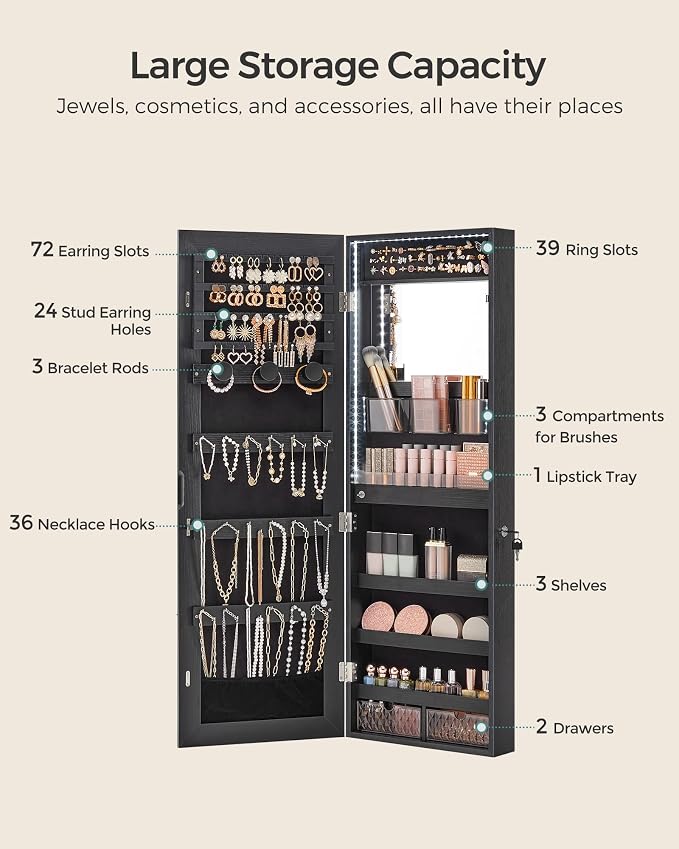SONGMICS Mirror Jewelry Cabinet Armoire, Wall or Door Mounted, Lockable - Image 4