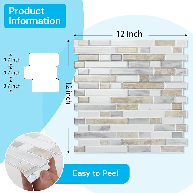 Art3d Linear Design Tile Peel and Stick Backsplash, 10-Sheet, Beige & White | 12 x 12 Inch, Enhanced Thickness, Warp Resistant, Strong Adhesion, Sturdy, for Kitchen, Bedroom, Ideal for Home Improvement - Image 6