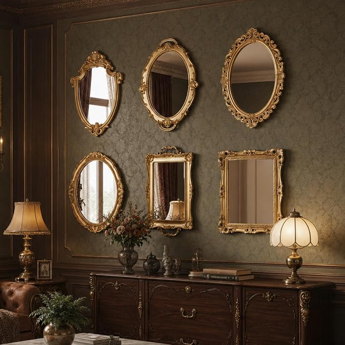 Beeveer 6 Pcs Vintage Gold Wall Mirror Set Luxury Gallery Wall Mirror Decorative Hanging Antique Decor for Living Room Entryway Wedding Bedroom Bathroom Victorian Decor (Classic,Gold) - Image 4