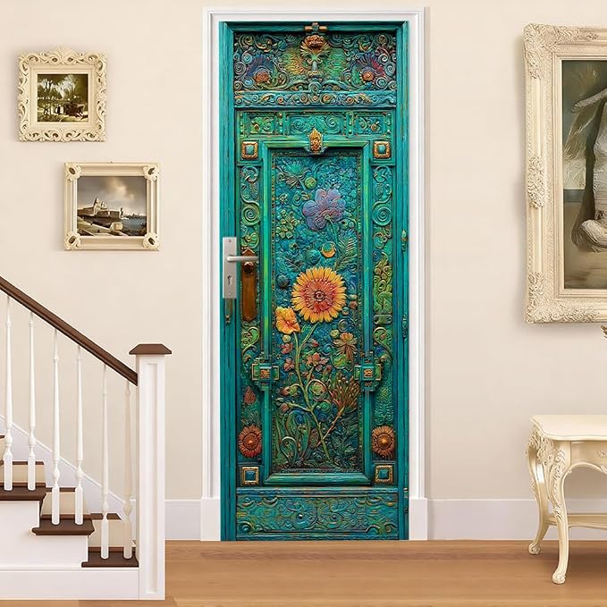 Vintage Floral Door Mural, Teal Ornate Door Decor | Waterproof PVC, 30.3" W x 78.7" L; turquoise floral design for entryway, bedroom, living room or office doors. by Cmialusie