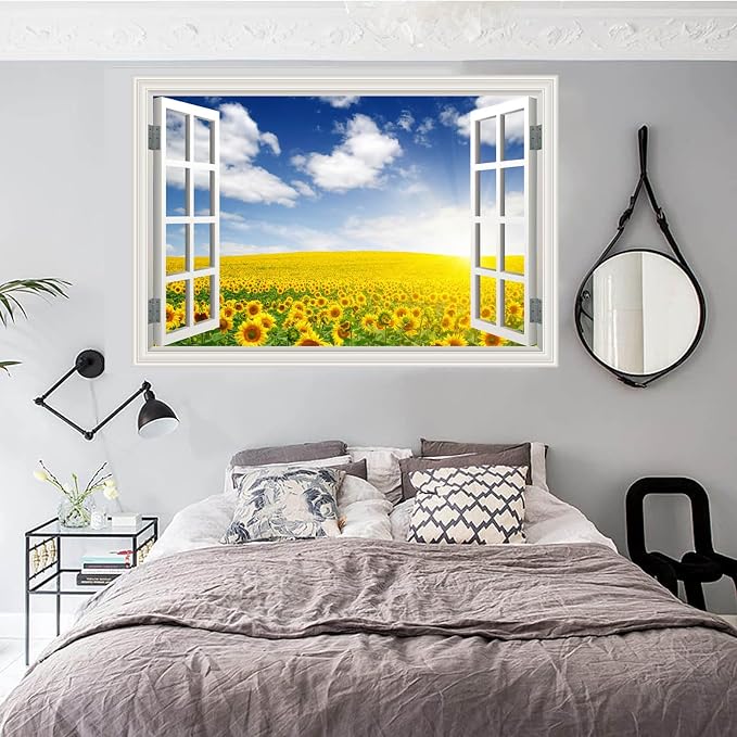 Fake Window Wall Mural Sticker -Summer Sunrise Green Grassland Flower Decal | Faux Window Natural Scenery Landscape Decorations｜Stick and Peel Wall Decals｜Room Bedroom Office Decor｜48"x32"Set of 2 Sheets - Image 5