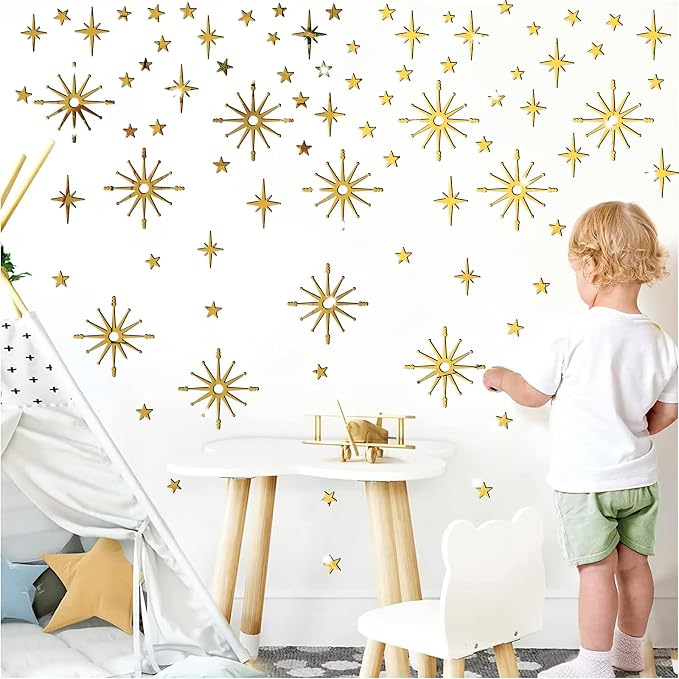 Star Wall Decals MCM Starburst Stickers Golden Mirror Decal Peel and Stick | Celestial decor, sparkle wall stickers, modern mid century decor, removable art mural, for kids bedroom living room farmhouse - Image 5