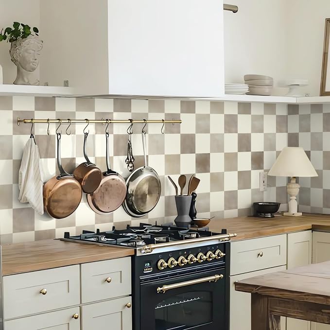 Ismoon Checkered Wallpaper Peel and Stick Neutral Mosaic Checkered Contact Paper 17.3in x 32.8ft Vintage Removable Self-Adhesive Wallpaper for Bathroom Bedroom Kitchen Shelf Liner Vinyl - Image 2
