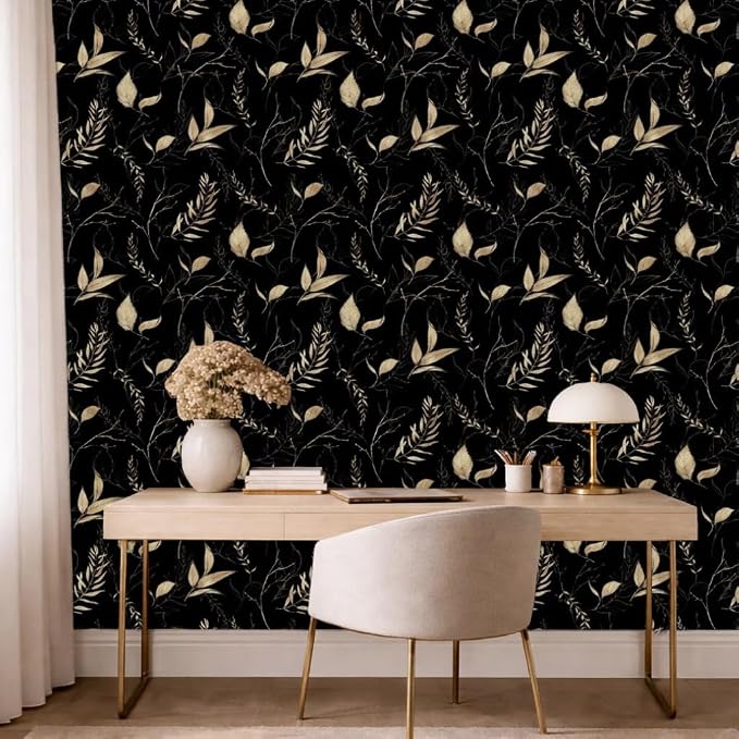 Dark Black and Gold Leaf Peel and Stick Wallpaper 17.7" x 124" | Self-adhesive removable waterproof leaf design for bedroom accent walls and renter friendly spaces - Image 9