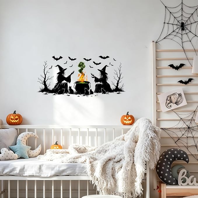 Halloween Witch Cauldron Wall Decals Peel and Stick, Spooky Potion Wall Stickers with Witch Hat Pumpkin, Removable Vinyl Halloween Wall Decor, Wall Art for Bedroom Living Room Party Decorations - Image 6