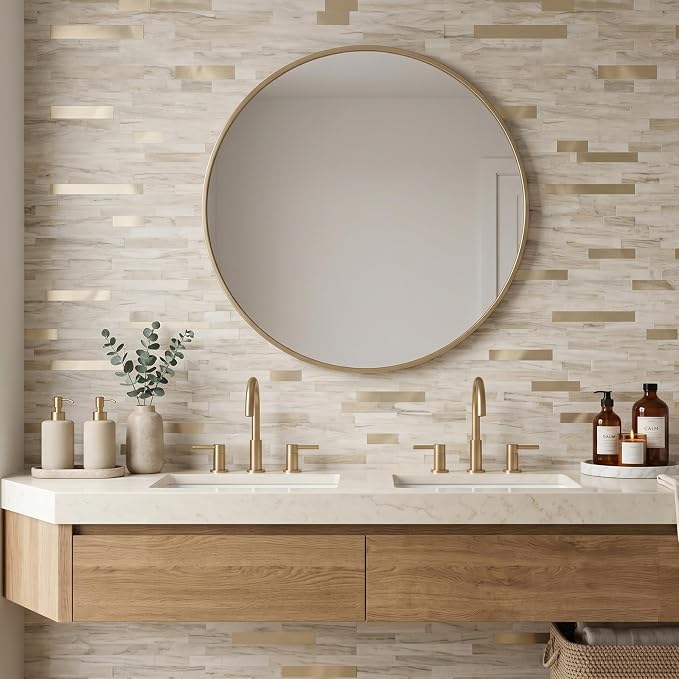 Yipscazo 10 Sheets Peel and Stick Stone Metal Tile Backsplash, Stick on Tiles for Backsplash Kitchen, Bathroom, Laundry Room, Camper, Fireplace (12'' X 12'', Beige Stone with Gold) - Image 3