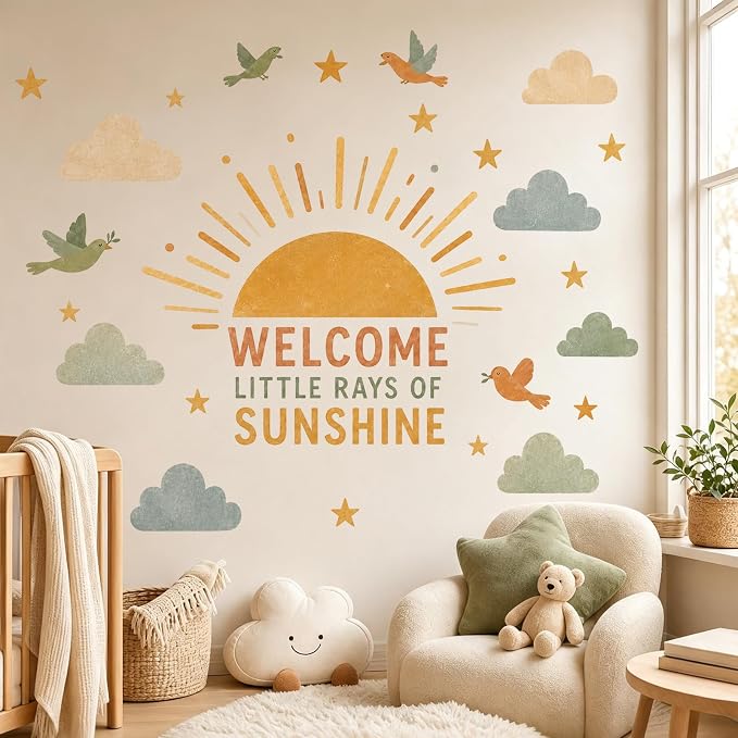 Boho Sun Wall Decal Watercolor Modern Half Sun Wall Decal Sun Cloud Birds Wall Stickers Vinyl Sticker for Classroom Playroom Bedroom Wall Decor - Image 5