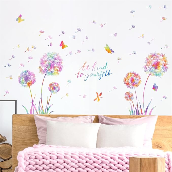 Large Dandelion Wall Decals Colorful Flower Art Stickers Peel and Sticks | wall stickers, floral dragonfly butterfly decor, removable vinyl, inspirational quotes, for kids girl bedroom living room - Image 2