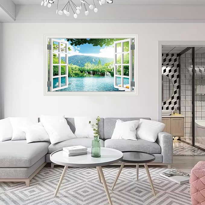 ‌Lmyhome Fake Window Wall Mural Spring Lake Landscape (64"x48") | Peel and Stick Faux Window Wall Sticker Decal Poster for Bedroom Home Decor - Image 5