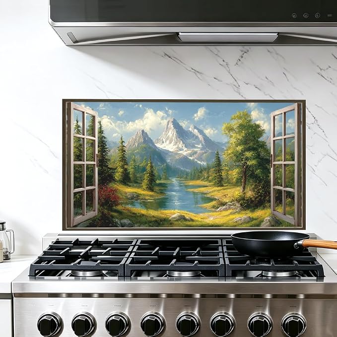 Alpine Mountain View Kitchen Backsplash Peel and Stick, 30x16 in | Oil-painting window view of snow peaks, alpine river and pine forest; flat 2D waterproof peel and stick; wipe clean; 30x16 in by JOYHAUE