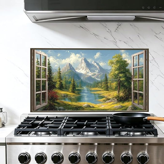 Alpine Mountain View Kitchen Backsplash Peel and Stick, 30x16 in | Oil-painting window view of snow peaks, alpine river and pine forest; flat 2D waterproof peel and stick; wipe clean; 30x16 in by JOYHAUE