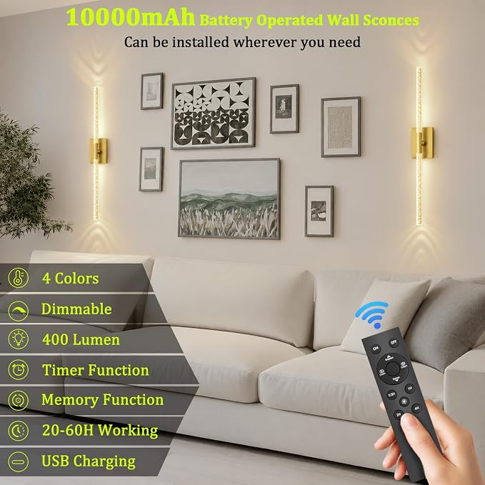 iThird Battery Operated Wall Sconces Set of 2, 10000mAh, Gold Bubble | crystal inspired bubble wall lamp wireless, Remote control & 360° Rotate, for Bedroom Living Room Mirror Decor - Image 7