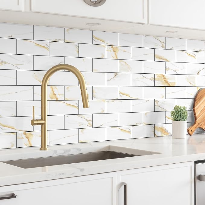 StyloVue 4 Pieces Peel and Stick Backsplash for Kitchen, 3" x 6" PVC Subway Tile Upgraded Calacatta Gold with Dark Gray Grout Backsplash Stick on Tile Elevate Kitchen, Bathroom, Fireplace,RV - Image 3