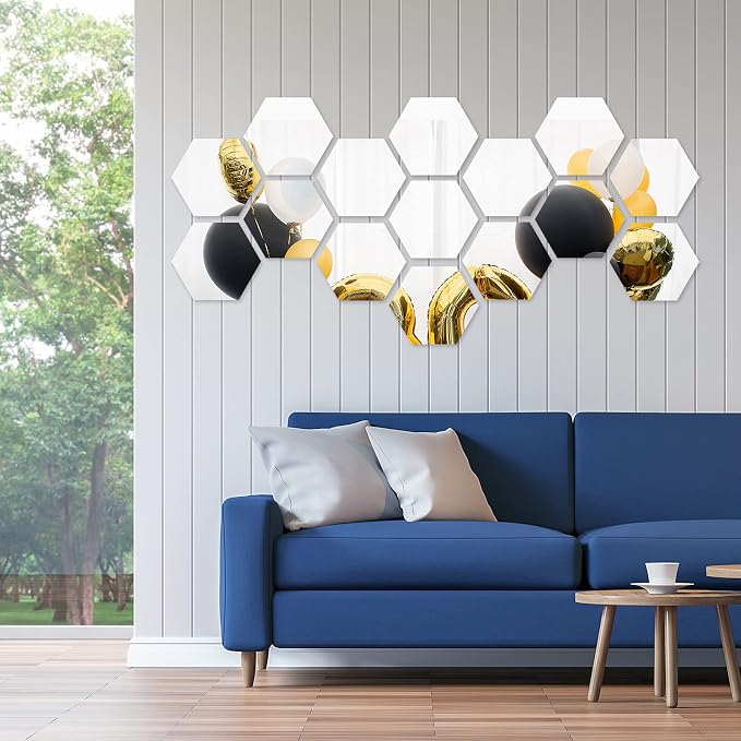 Shappy 32 Pcs Hexagon Mirror Wall Stickers Removable Silver Acrylic Mirror Stickers Honeycomb Decals for DIY Home Art Bedroom Living Room Wall Decoration(15 x 13.3 x 7.5 cm) by Shappy