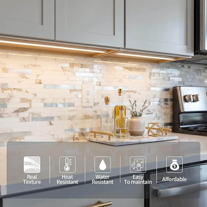 Yipscazo 2026 New Upgrade Peel and Stick Backsplash, Stick on Backsplash Tiles for Kitchen, Bathroom, Fireplace (10 Sheets, Polished White with Gold) - Image 2