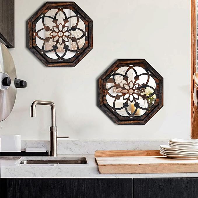 ZOLAPI 2-Piece Octagon Wall-Mounted Mirrors,Vintage Farmhouse Mirror for Wall Decor,Caramel Color Decorative Accent Mirror for Foyer, Bathroom, Bedroom. (12”x12”) - Image 4