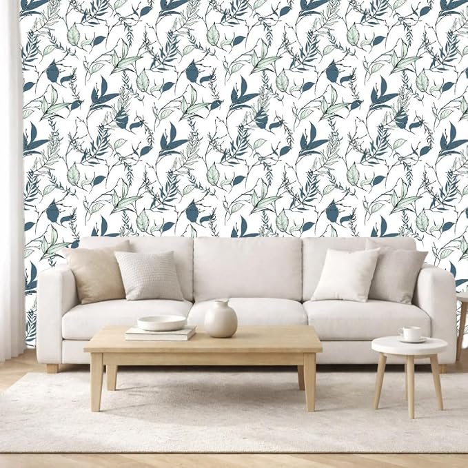 Sage Green and Blue Leaf Peel and Stick Wallpaper 17.7in x 213in | Modern self-adhesive removable self adhesive waterproof wall covering for bathroom and accent walls - Image 6