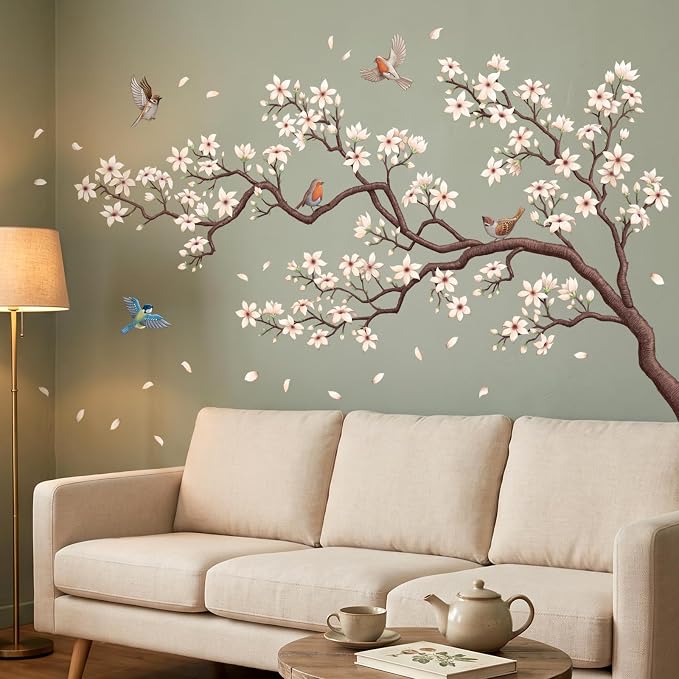 DECOWALL White Cherry Blossom Branch Birds Wall Stickers Decals (SG2-2509) | Peel and stick, removable watercolor floral decor with falling petals for living rooms, bedrooms, offices, studios and cafes by DECOWALL