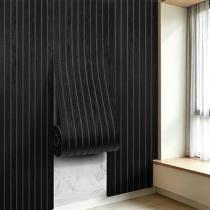 3D Peel and Stick Wall Panels PVC Grille Slat 394"x15.8" Self-Adhesive Wall Sticker Soundproof Paneling for Walls and Ceiling in Faux Black Wood Grain Texture by LOVADA