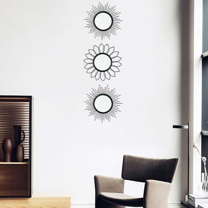 3 Pack Metal Mirrors for Wall Sunburst Wall Mirrors Home Décor Decorative Hanging Wall Art for Living Room Bedroom Entryway (Black, Flower+Sunburst) - Image 4