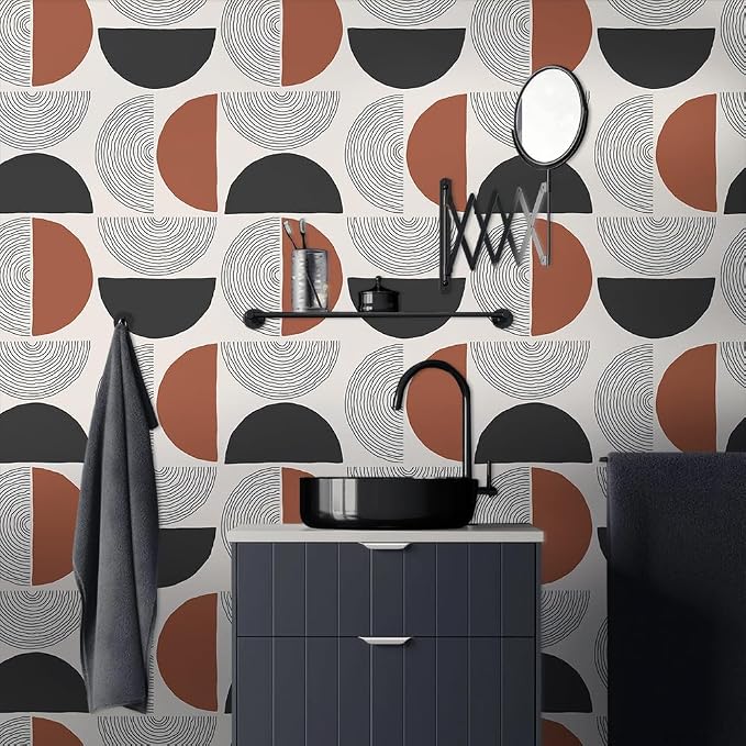 Boho Geos 01 Vinyl Wallpaper, Geometric Circles Retro Art for Renter Bedroom Apartment, Easy Peel and Stick, 17.7x118.1in, Brown/Black/Grey, Furniture Surface Recommendation - Image 3