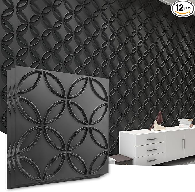 Art3d PVC 3D Wall Panel Interlocked Circles, Cover 32 Sq.ft, Matt Black | Waterproof, Scratch Resistant, Wipeable, Anti-Sag, Wall & Ceiling Decor Panels, Ideal for Home, Commercial Spaces by Art3d