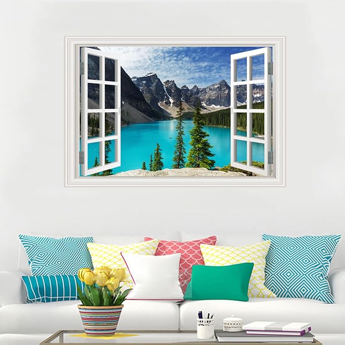 Fake Window Wall Decal-Mountains Lake View Open Wall Sticker Decorations | Faux Window Natural Landscape Mural｜Stick and Peel Wall Decals｜Room Bedroom Office Decor｜48"x32",Set of 2 Sheet - Image 2