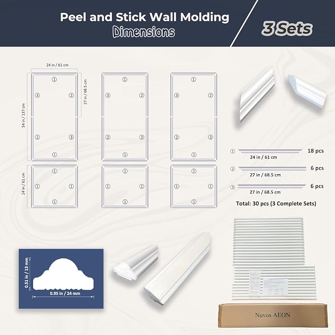 Set of 3 Peel and Stick Wall Molding Kit, Pre Cut Wainscoting Panels | 54x24 in + 24x24 in, Paintable, Ready to Assemble Wall Moulding, Living room or Bedroom Accent Wall Decor - Image 5